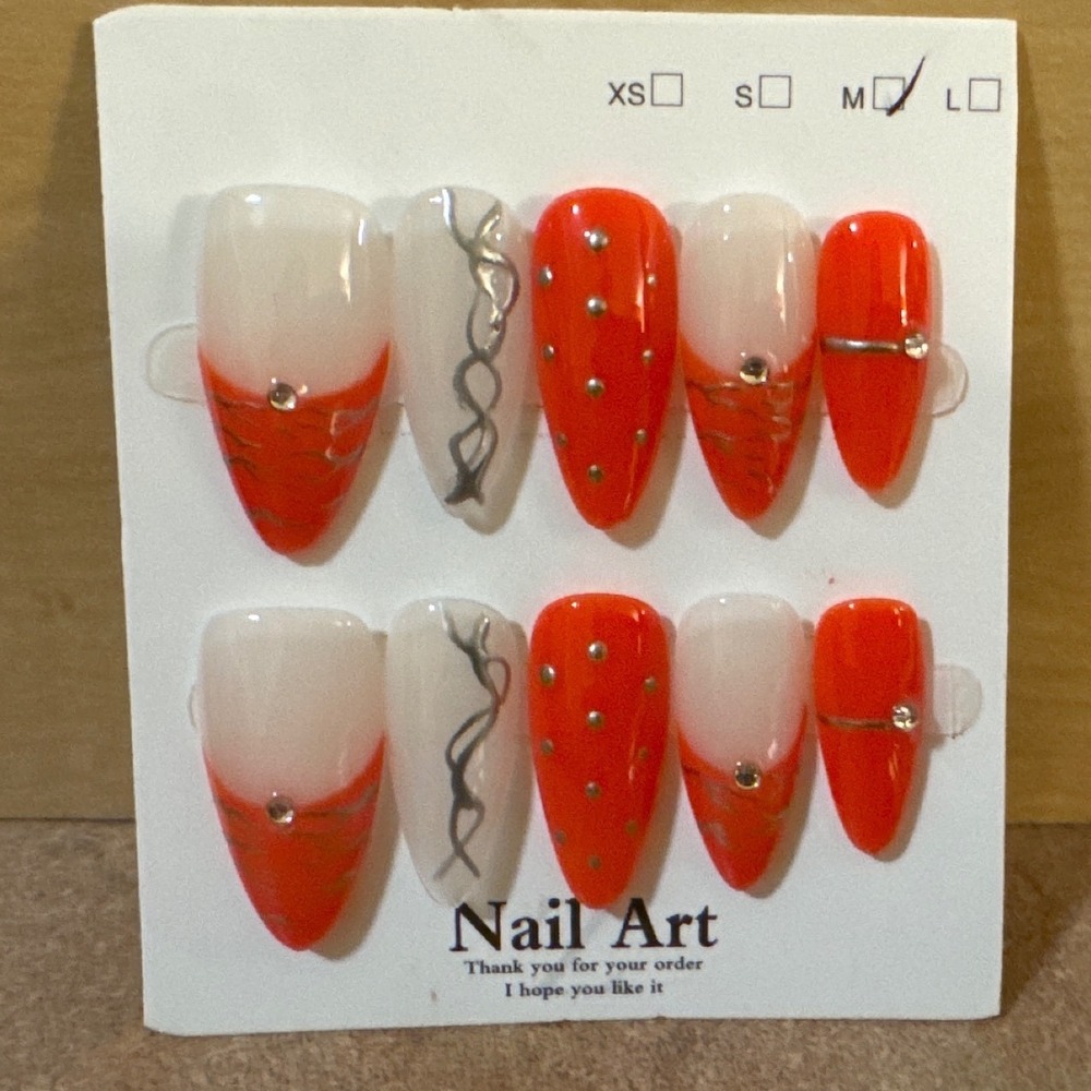 Orange and White Press On Nails Medium Almond French Tip Silver  Rhinestones